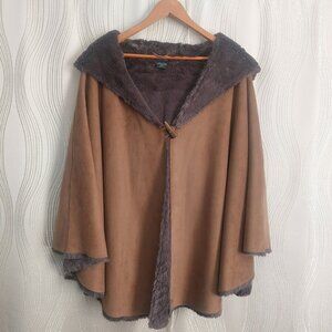 Katie Todd Faux Suede Fur Hooded Cape L/XL Brown Winter Dressy Overcoat Poncho